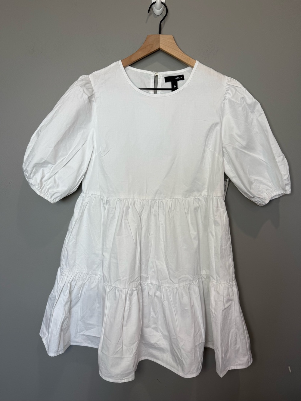 AQUA White Poplin Babydoll Mini Dress Puff Sleeve Tiered Size Small